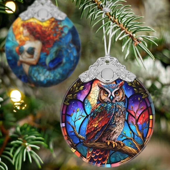 Owl Ornament Stained Glass Hanging Decor Holiday-Sun Catcher-Christmas - Picture 4 of 7